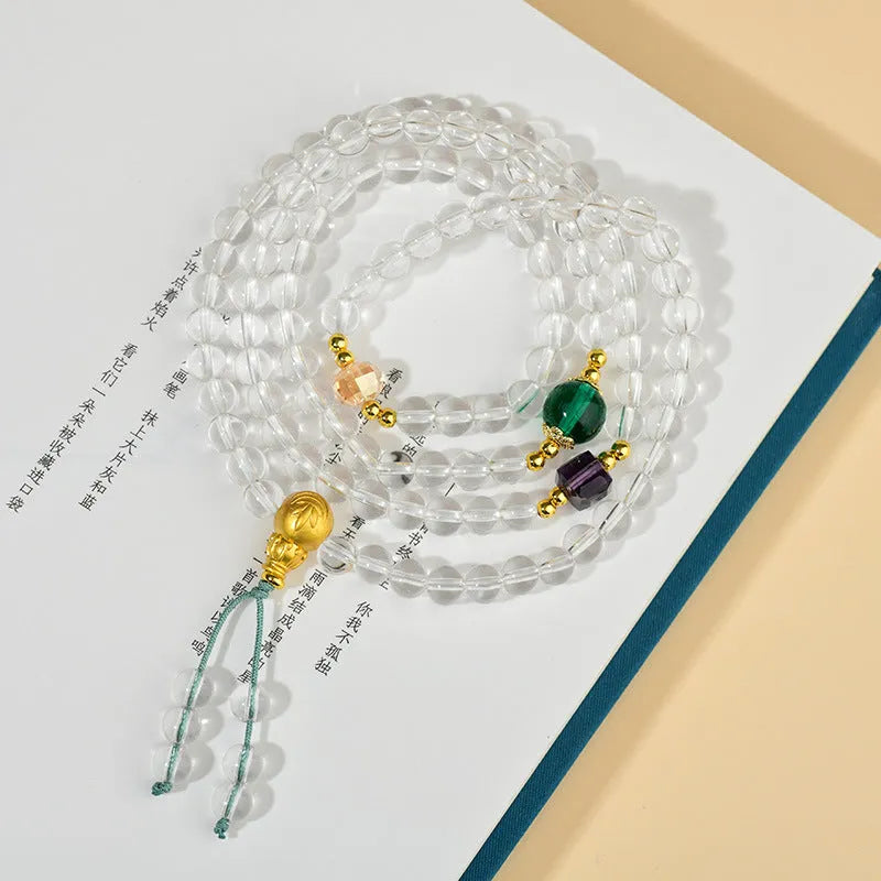 White crystal 108-bead rosary bracelet necklace with geometric beads and ethnic styling