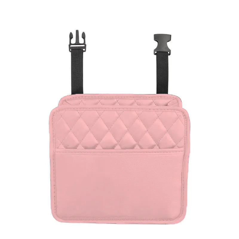 Black leather hanging storage bag and trash can for car interior, showing dimensions of 25cm by 25cm.