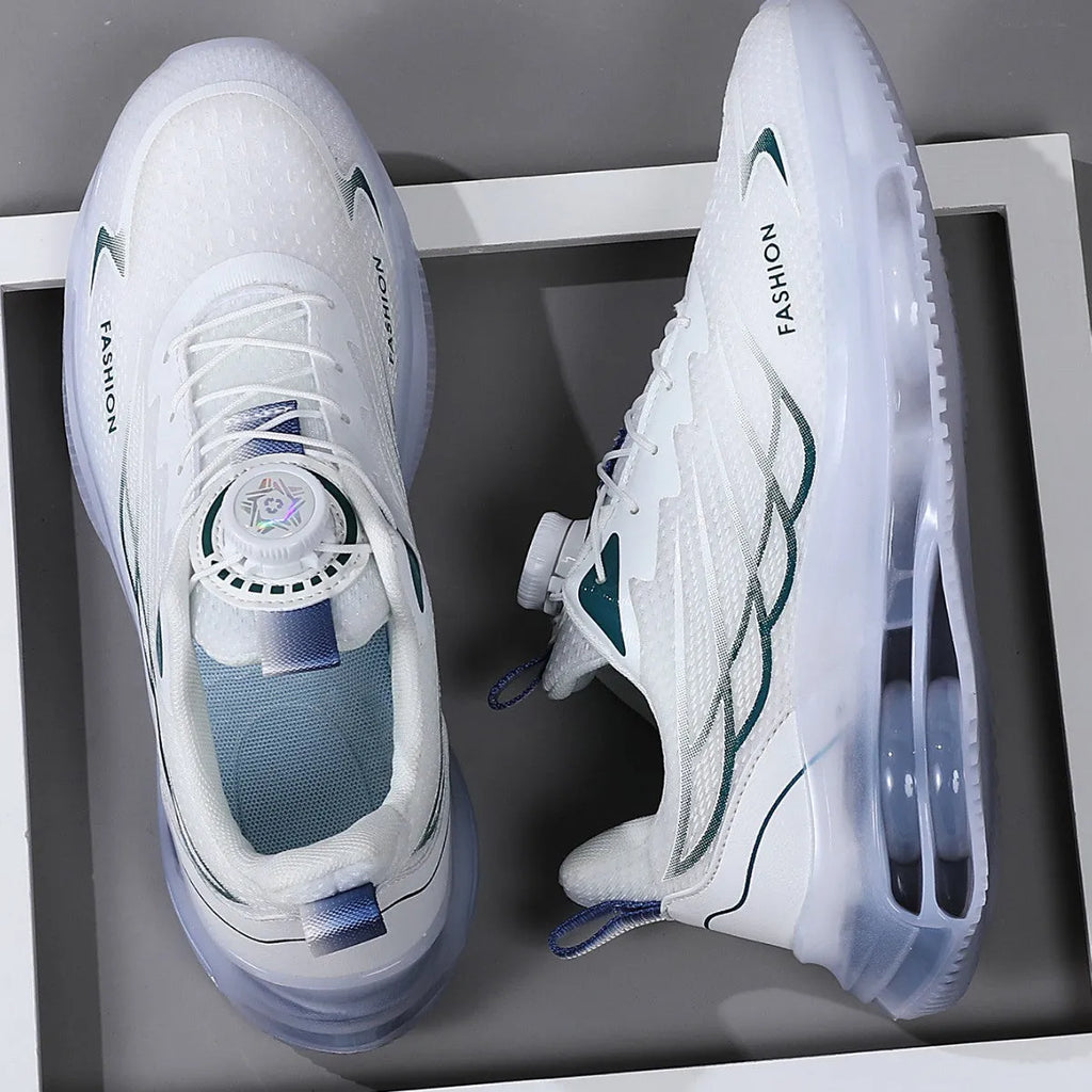 Men's white low-top mesh casual shoes with rotating button and lace-up closure, rubber sole.