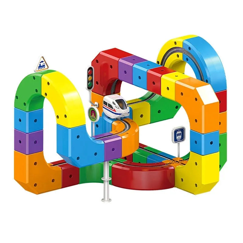 Small train track cube electric assembled building block toy set for children aged 4-6, non-magnetic plastic blocks, 51 piece option