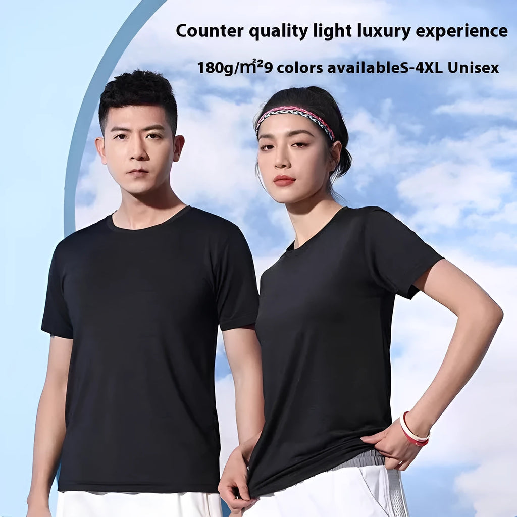 Men's round neck quick-drying T-shirt in crystal silk fabric showing solid colour options