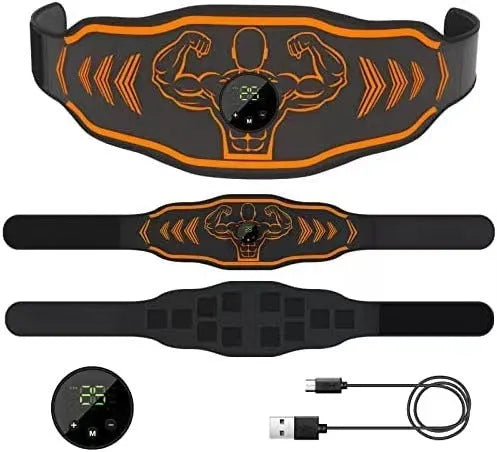 Blue and orange rechargeable EMS smart massage belt with arm electrodes on a white background.
