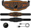 Blue and orange rechargeable EMS smart massage belt with arm electrodes on a white background.