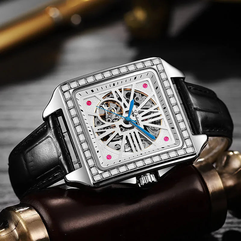 Square automatic watch for men with diamonds on dial, on black steel bracelet