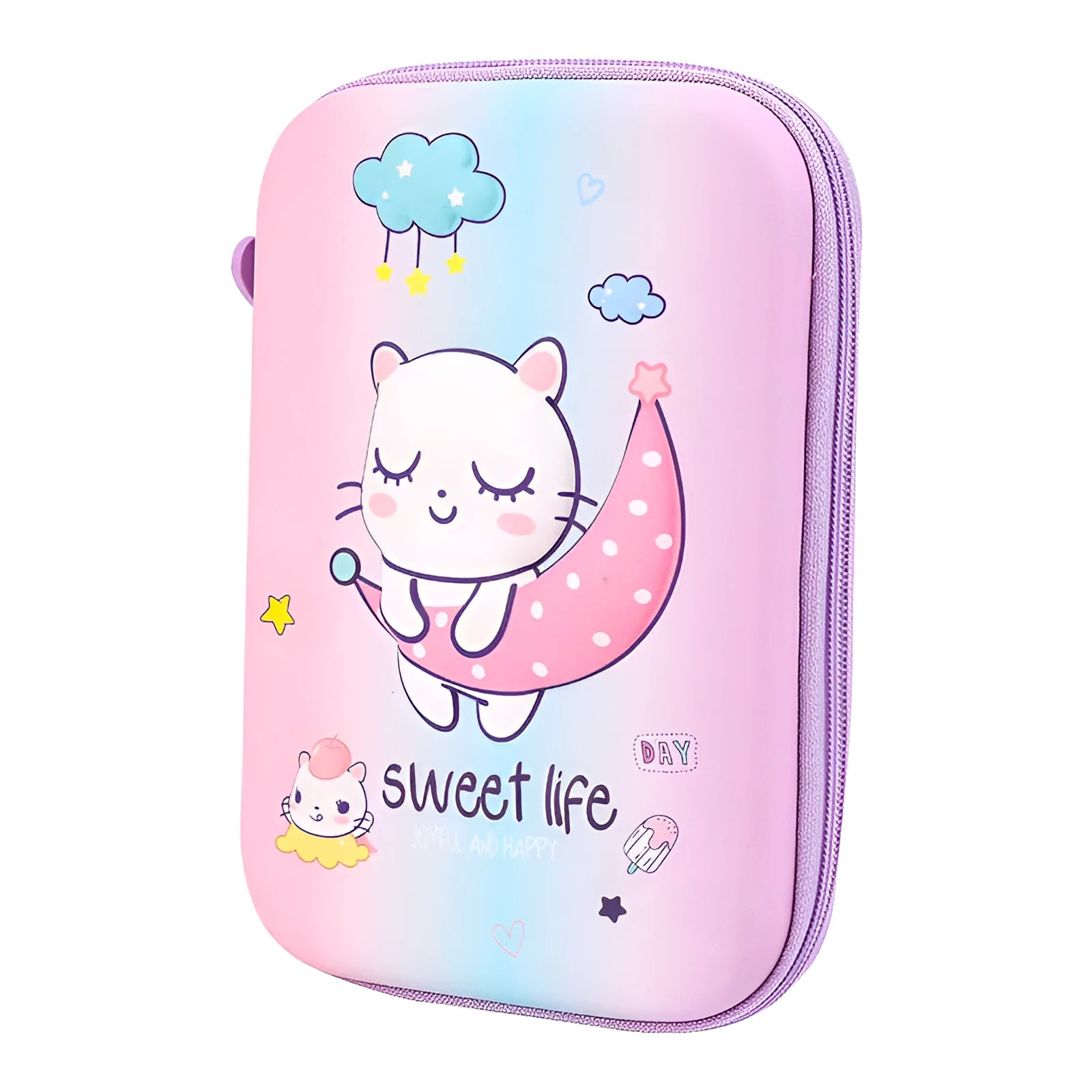 Square canvas pencil case with cartoon anime print in rabbit, dinosaur, or moon cat design.