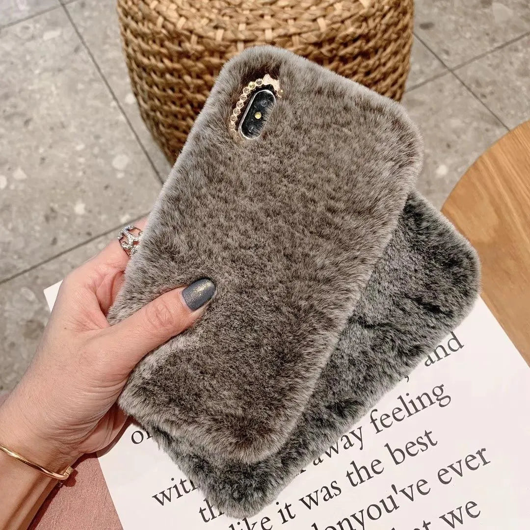 Silicone iPhone case with rhinestone decoration in grey plush bottom shell colour