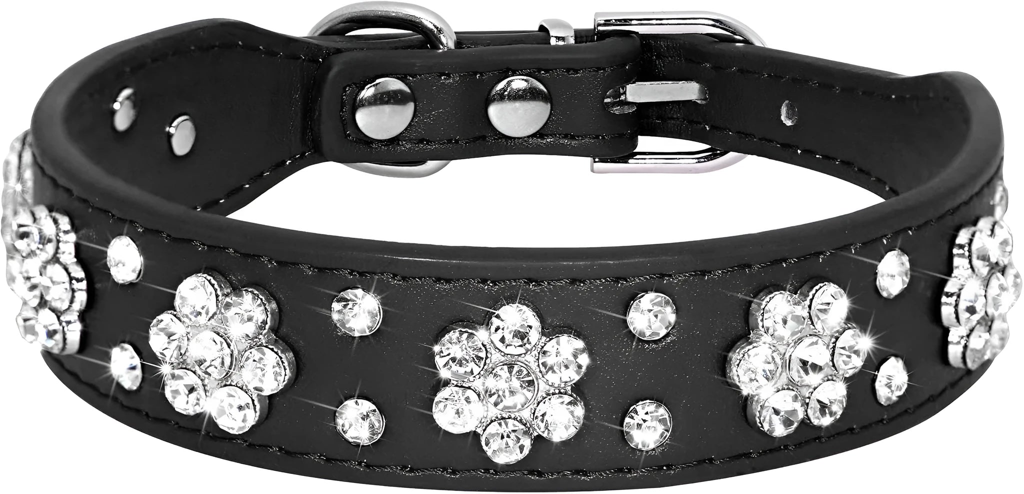 Close-up of a black PU leather dog collar with sparkling rhinestone flower studs and a metal D-ring