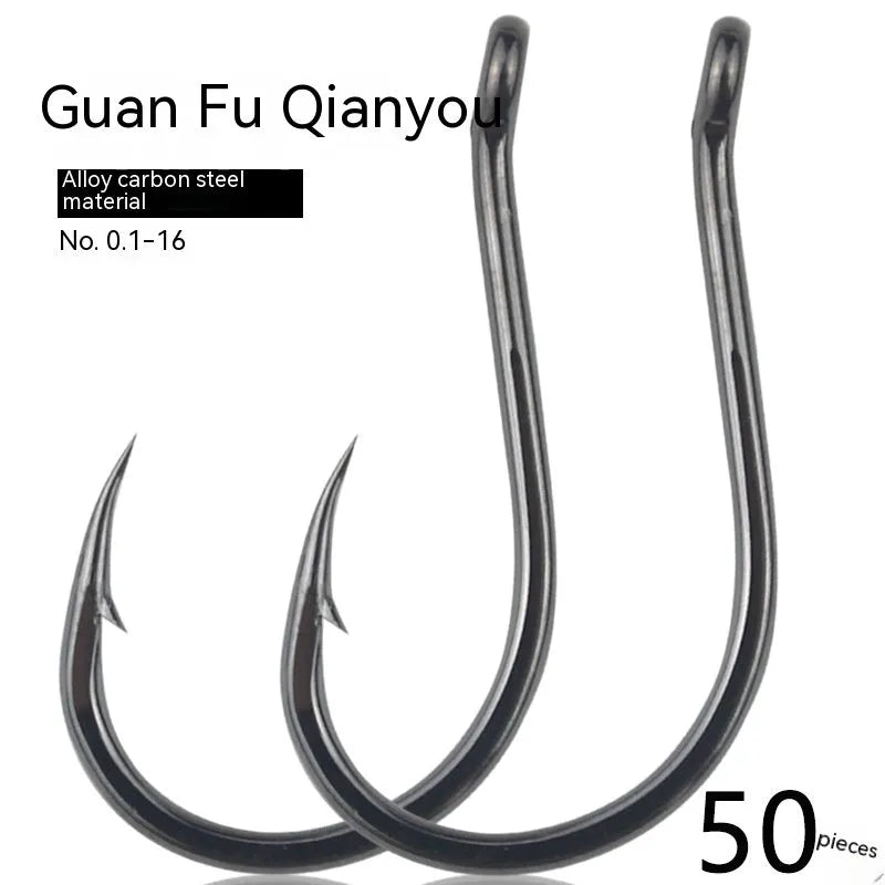 Bulk pack of alloy carbon steel barbed fishing hooks in various sizes for sea and rock fishing.