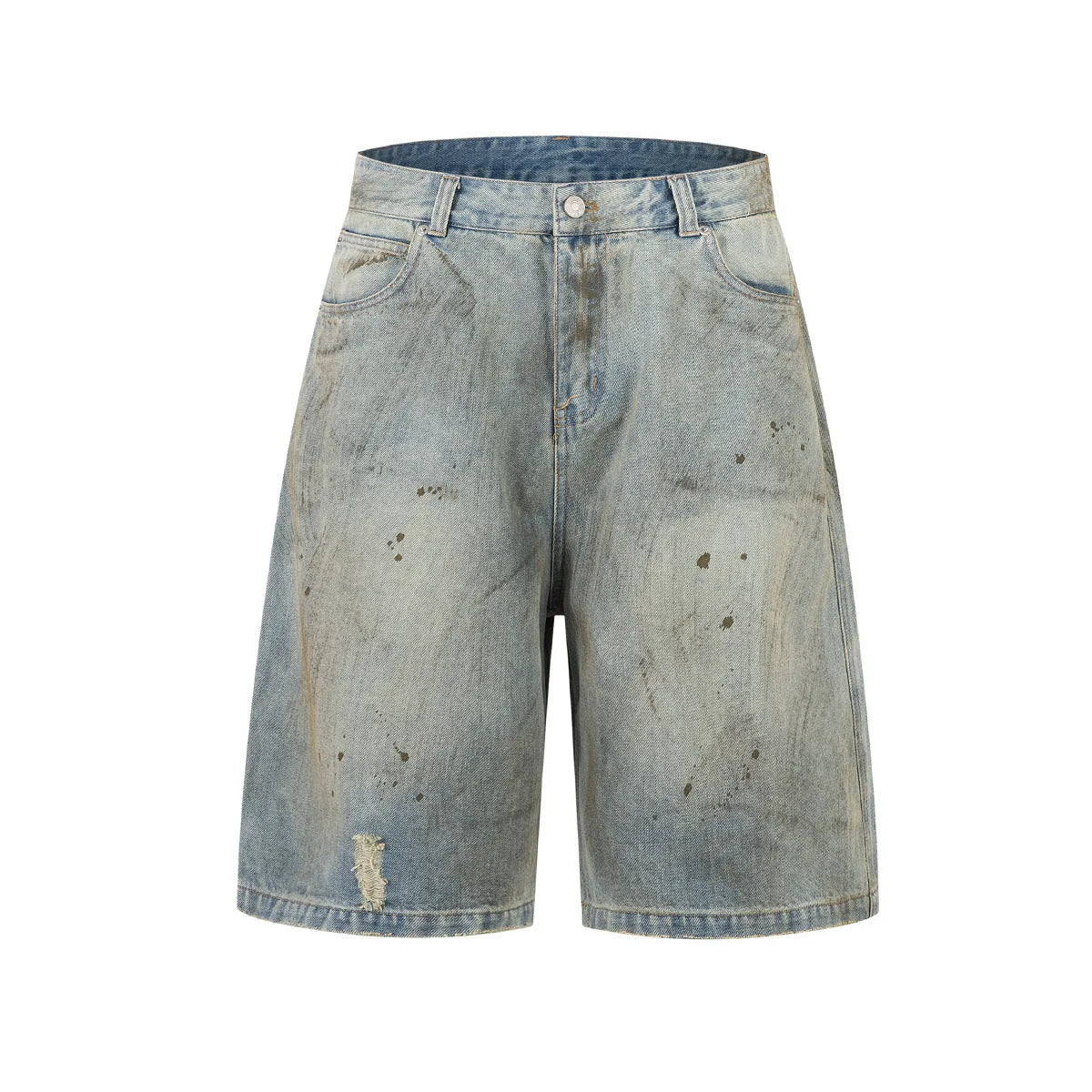 Blue cropped denim middle pants with straight leg and zipper fly on a model