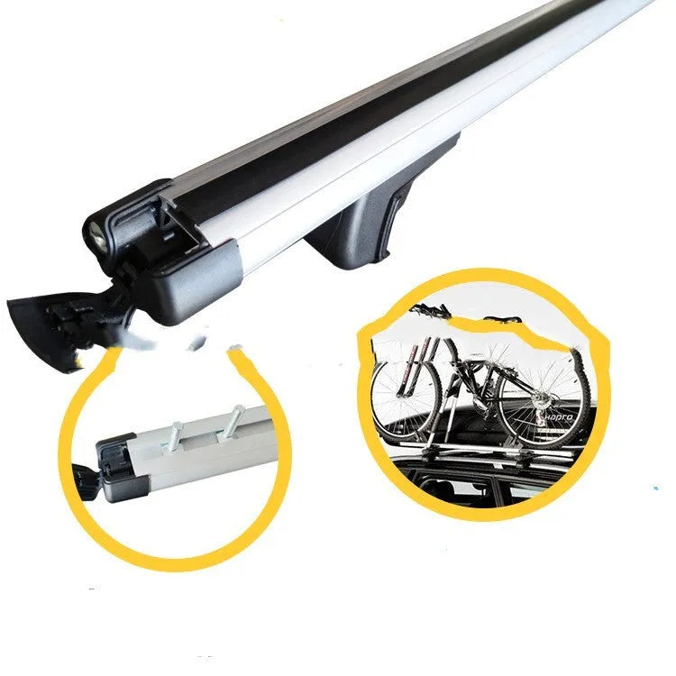 Alloy roof rack crossbar set for General Motors SUV, showing adjustable length and mounting points.