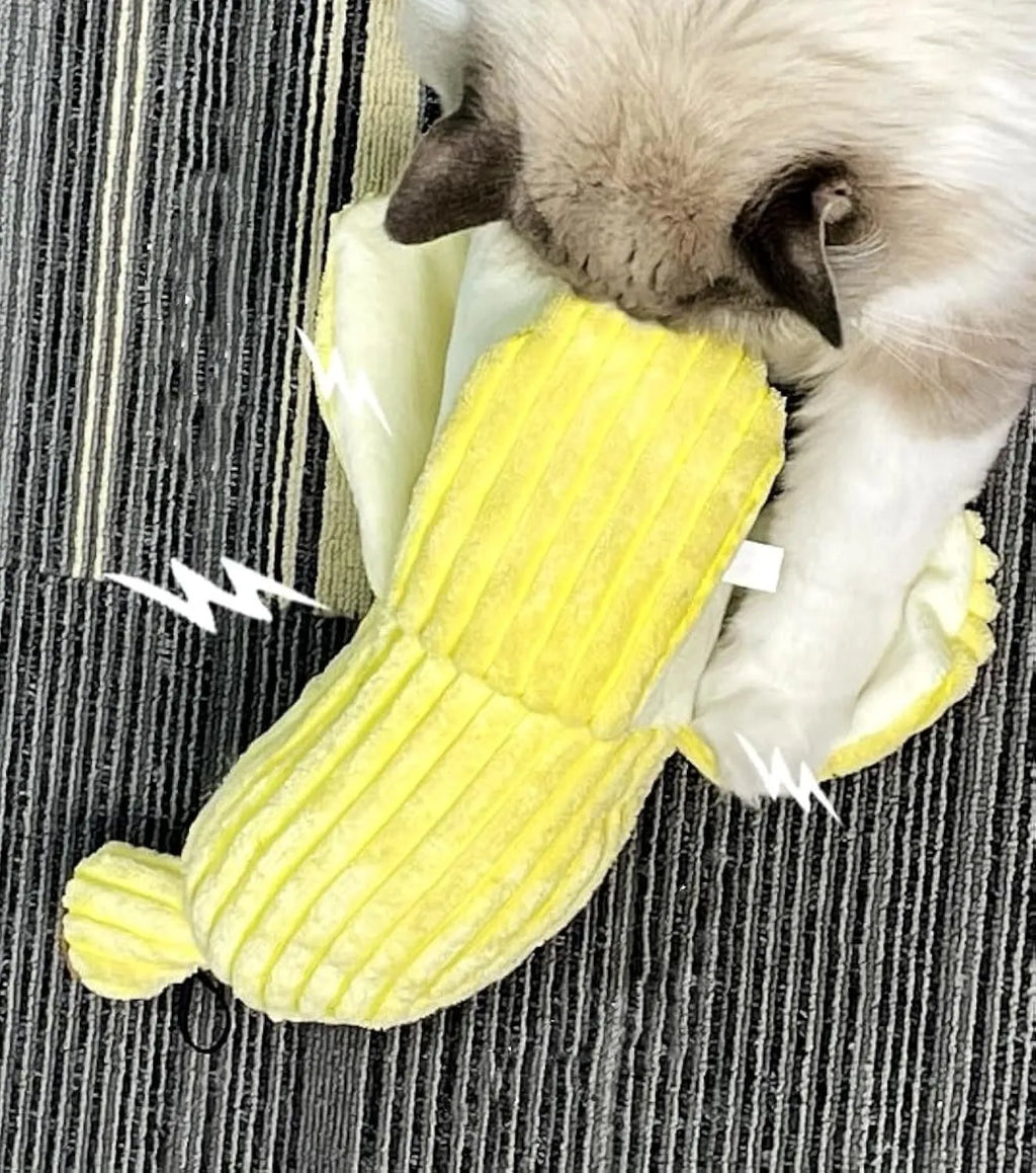Yellow banana-shaped plush cat toy with crinkle sound feature for chewing and kicking