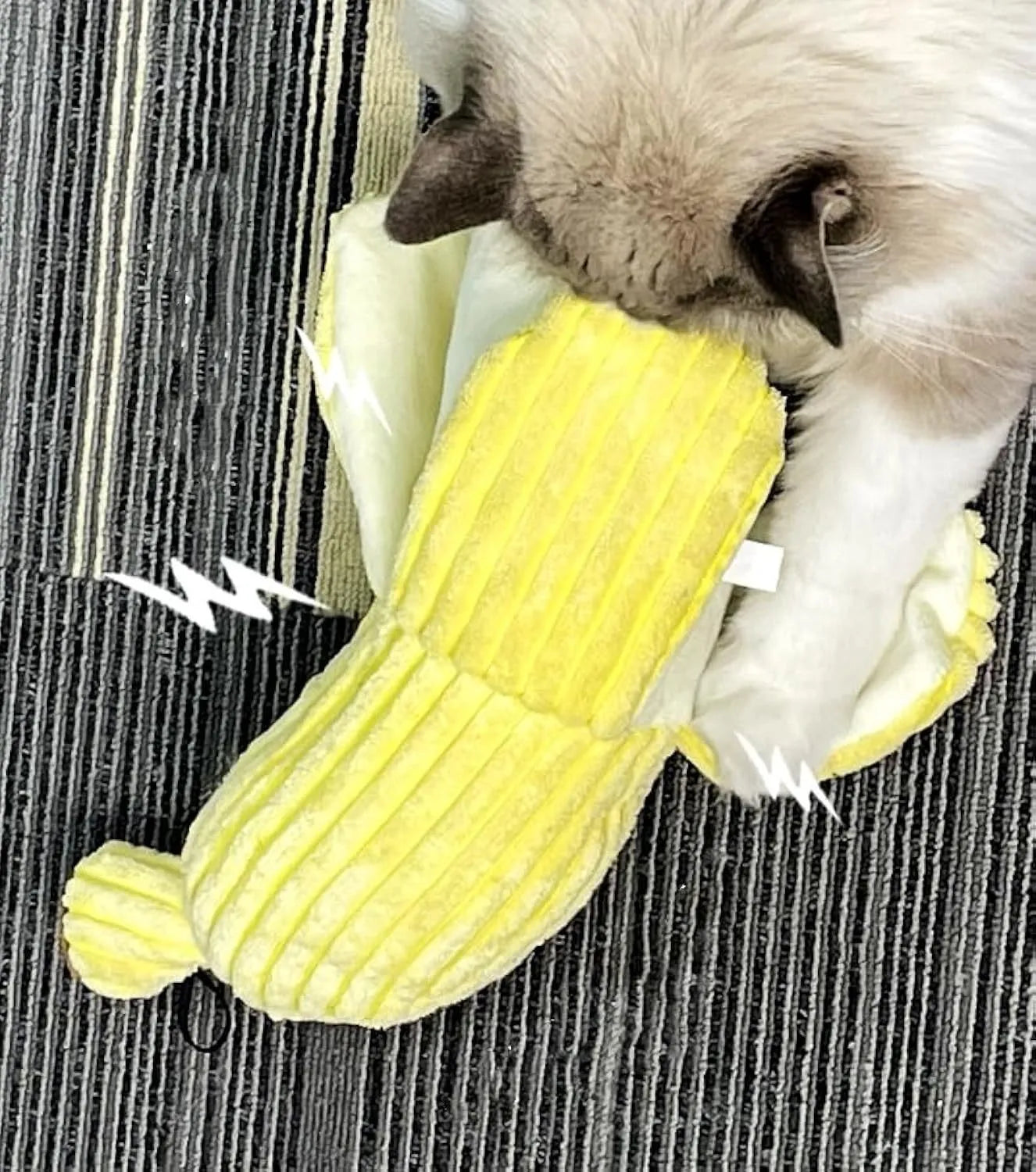 Yellow banana-shaped plush cat toy with crinkle sound feature for chewing and kicking