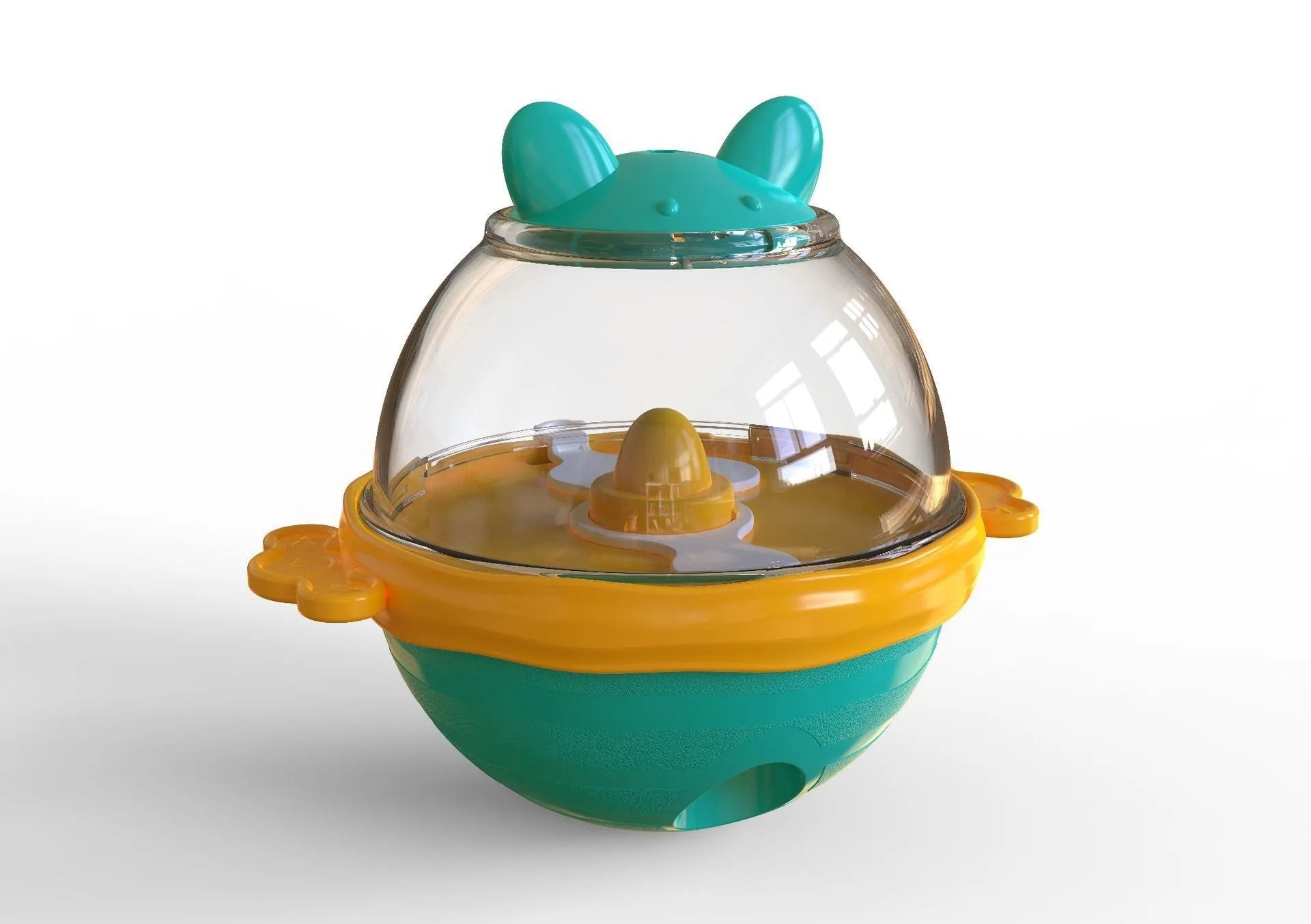 Yellow TPR dog puzzle feeder tumbler toy with non-slip base for slow feeding and mental stimulation