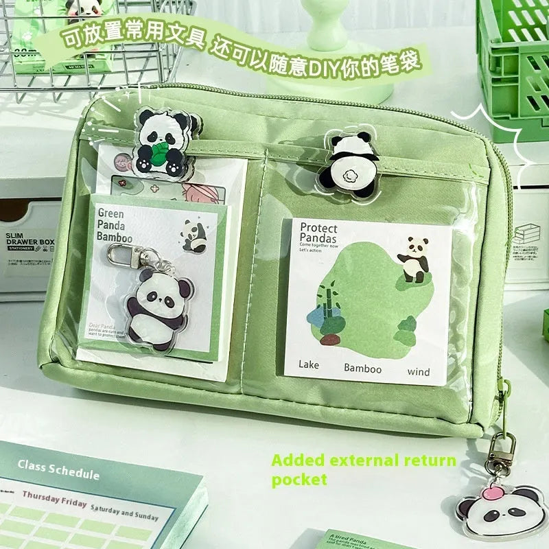 Green panda-themed pencil case with 12 layers for stationery organisation in Korean style canvas design
