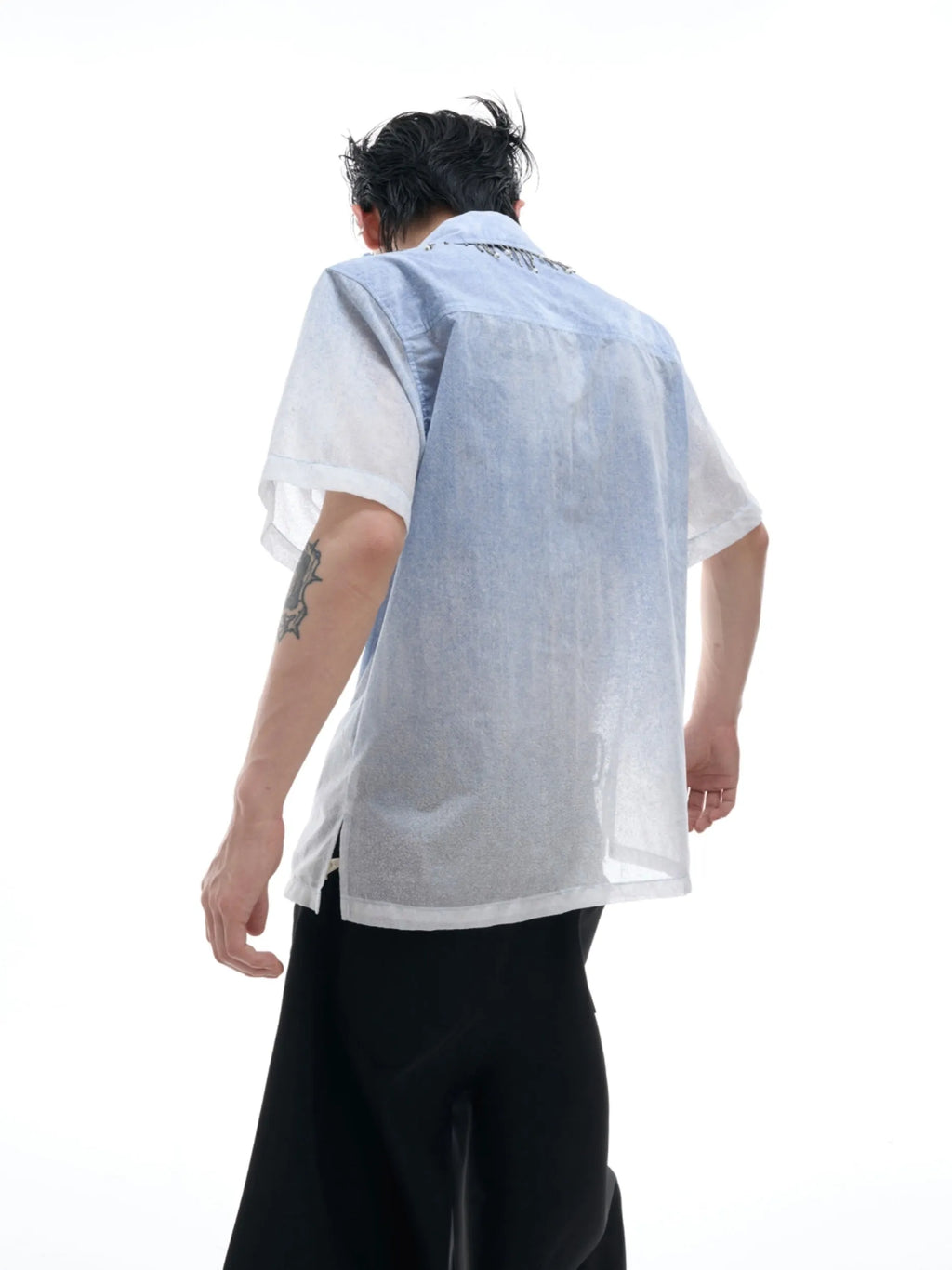 Man's blue and white gradient short-sleeve casual shirt on a hanger