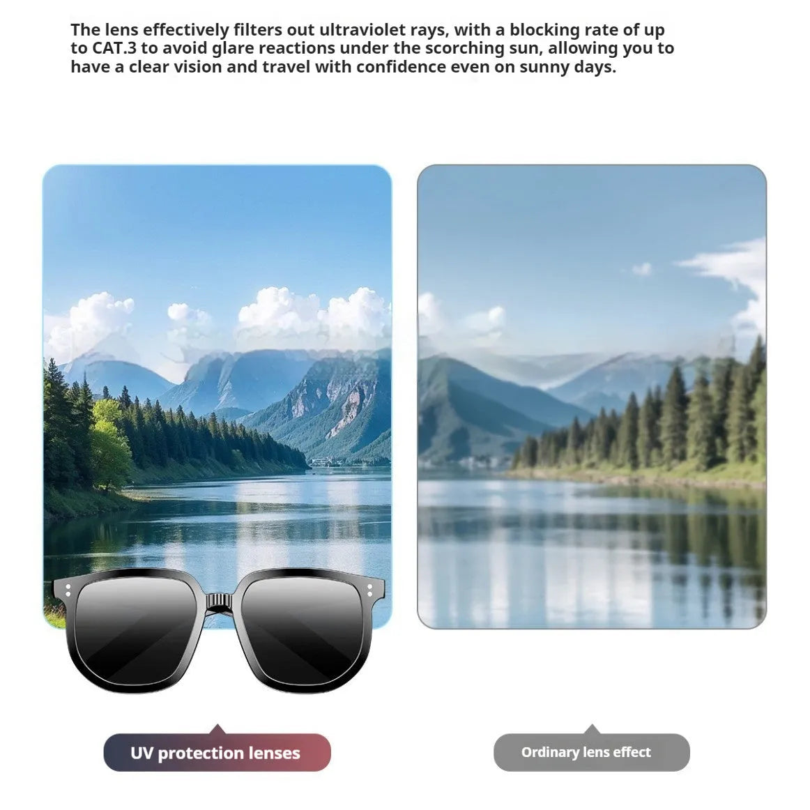 Black AI smart glasses with Bluetooth audio, touch controls, and UV protection lenses