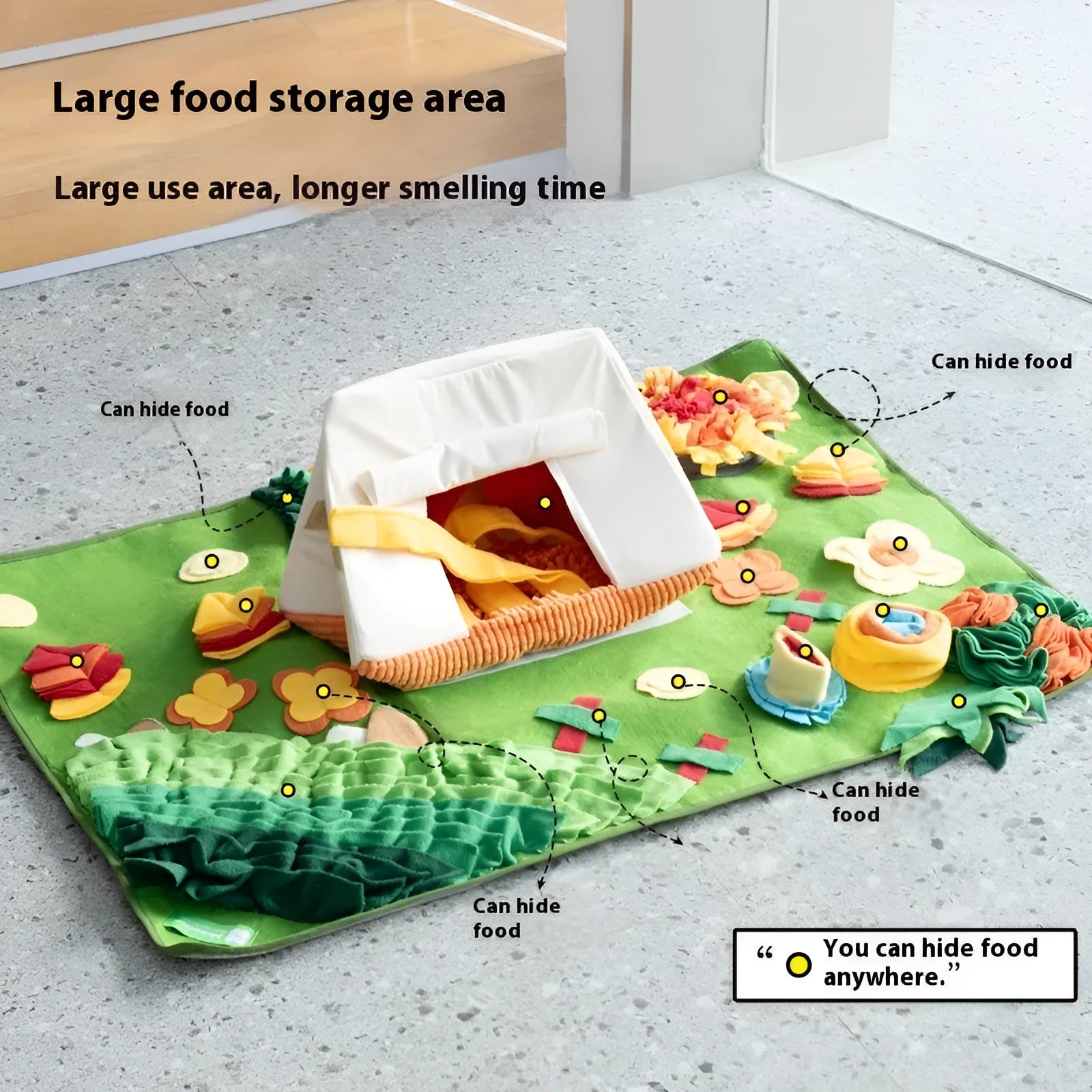 Plastic dog sniffing mat with textured surface for hiding treats in garden camping theme design