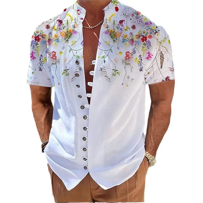 Youth model wearing a short sleeve cardigan with a blue and white geometric floral print pattern.
