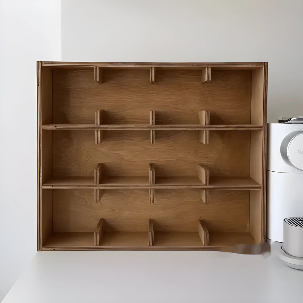 Solid wood cup storage rack with square grids in birch wood meridian colour