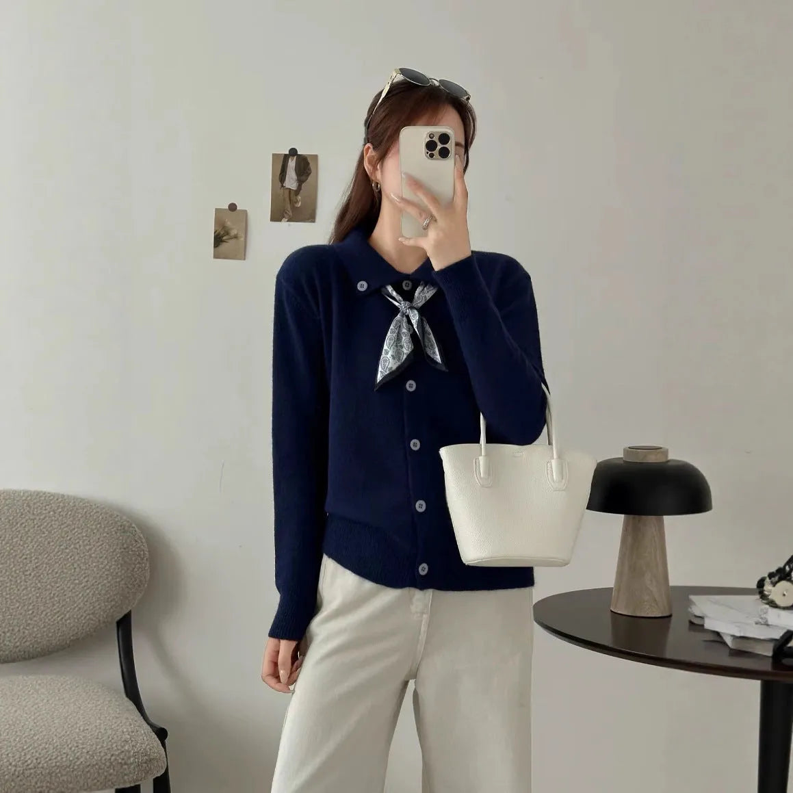 Women's beige lapel scarf cardigan sweater with long sleeves on hanger