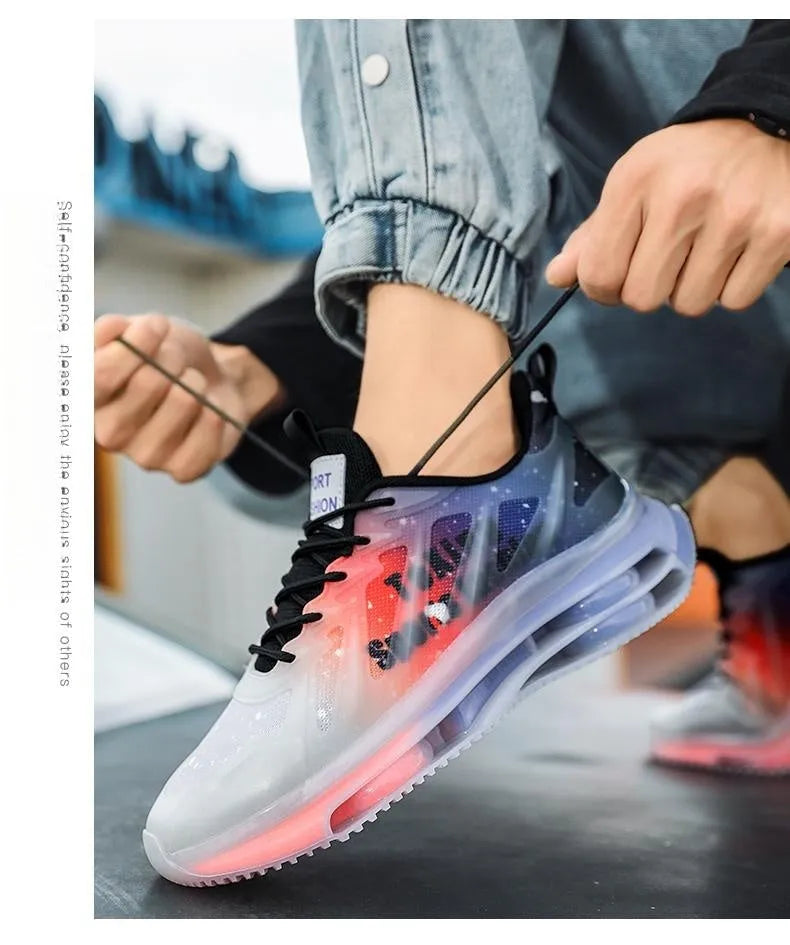 Men's black and green heightened casual shoes with a platform sole and mesh upper.