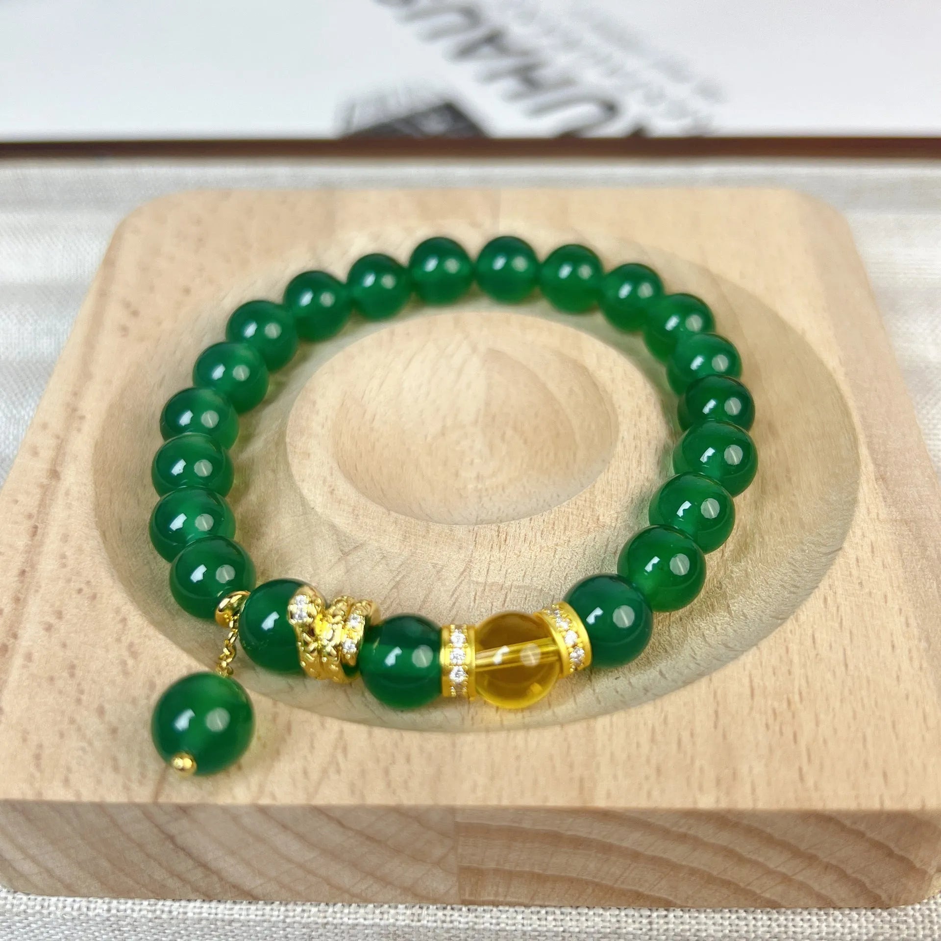 Green chalcedony and red agate wealth snake bracelet with copper links, geometric unisex design