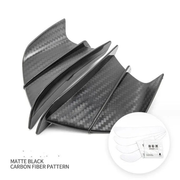 Universal motorcycle spoiler wing accessory in glossy carbon fibre pattern, dimensions 18cm by 8cm