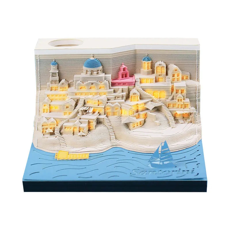 Santorini 3D paper carving notepad building model with LED lighting measuring 9x9x5 cm