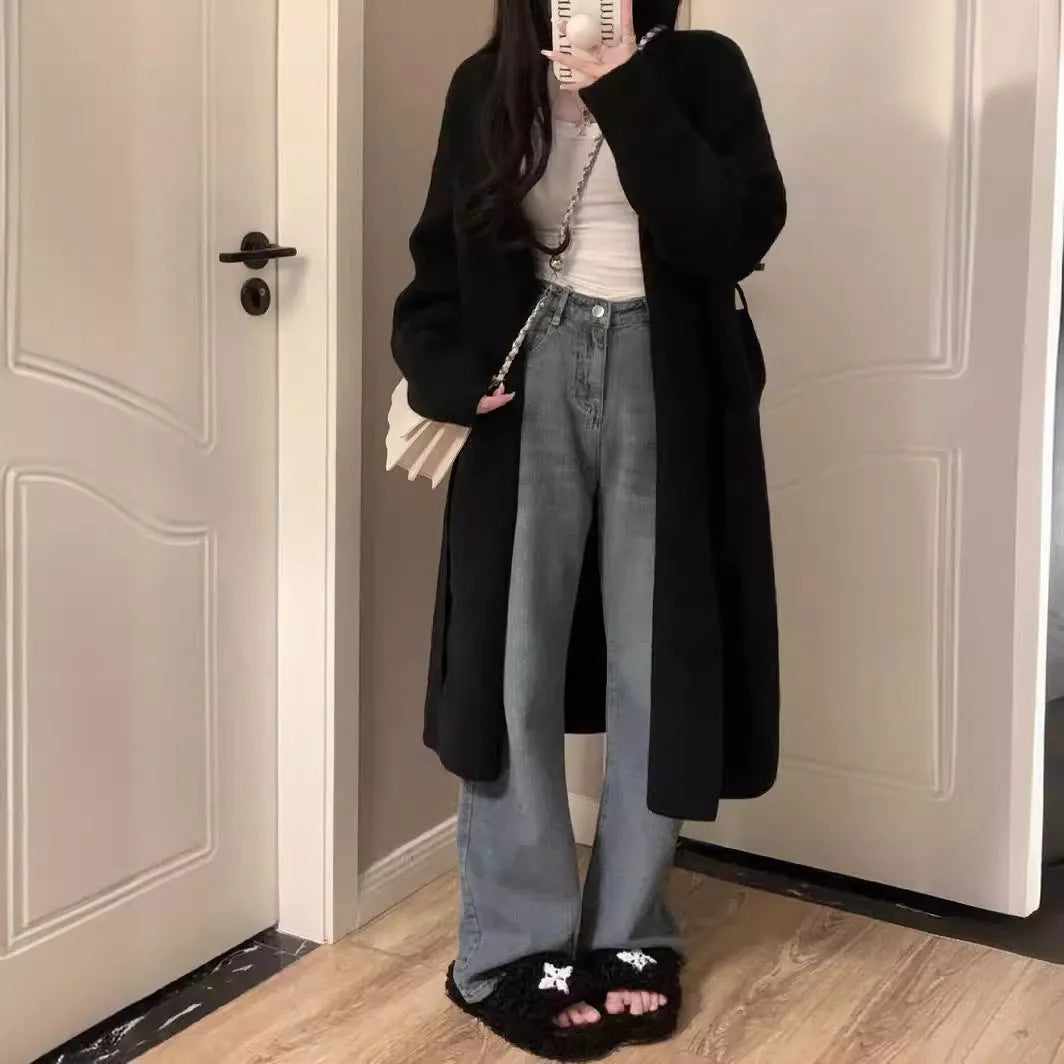 Women's khaki knitted V-neck cardigan with long sleeves, shown on a model.