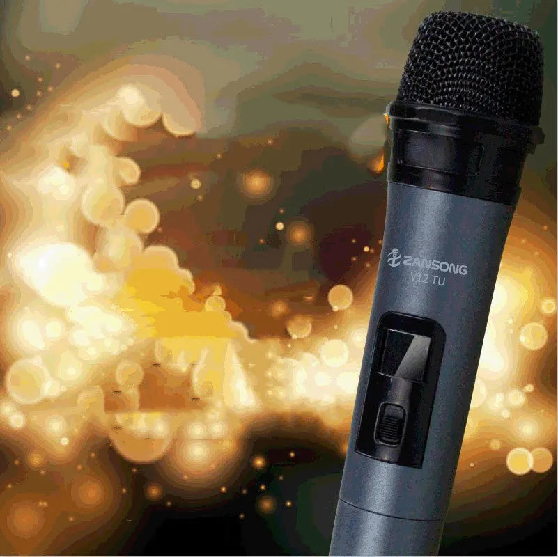 Black ZANSONG V12 dynamic wired microphone with cable, USB receiver, and audio adapter.