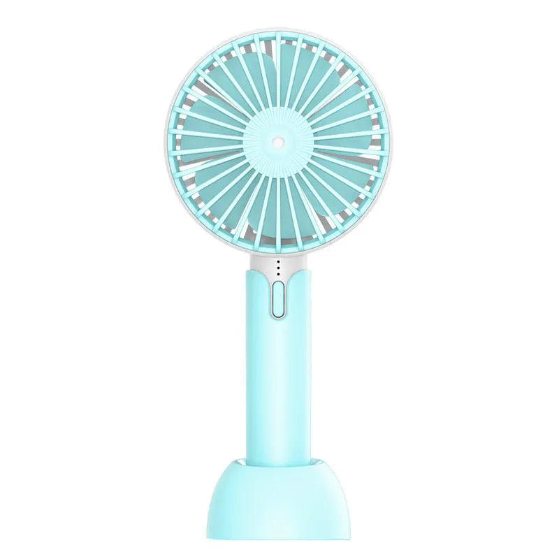Blue mini handheld USB electric fan with three-speed control on desktop