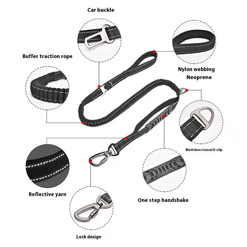 Retractable dog leash with reflective strip and comfort grip handle in black, orange, and khaki colours
