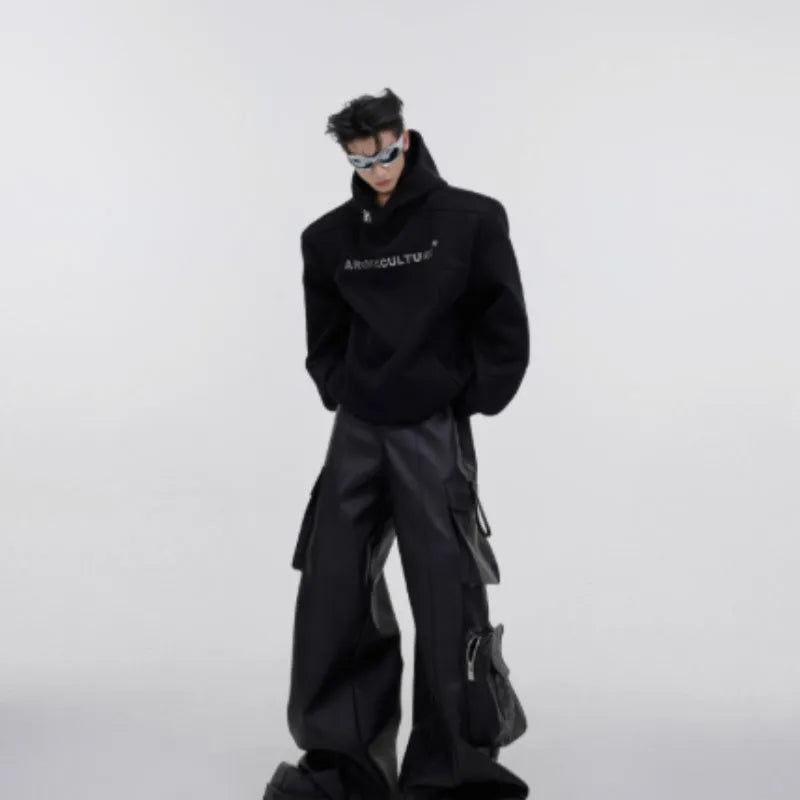 Men's loose red hooded sweater with heavy shoulder pads and silver 3D metal printing design.