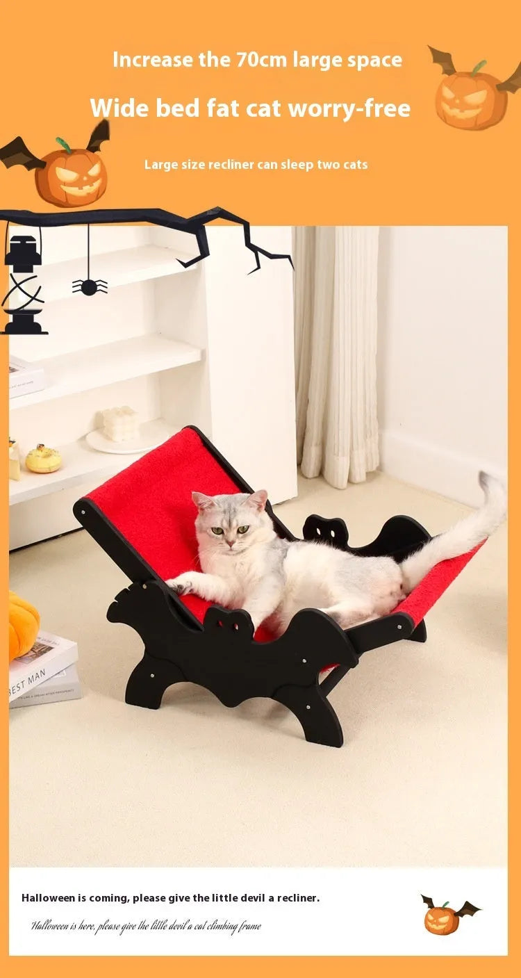 Halloween bat-shaped wooden cat recliner pet bed in black and red colours