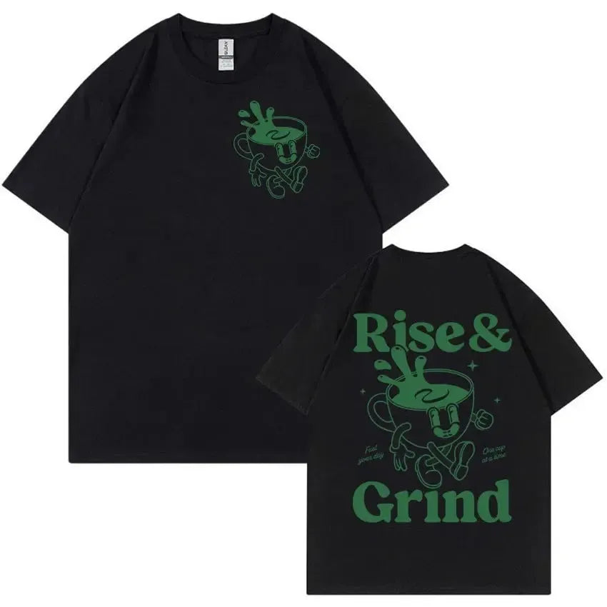 Rise And Grind Green Coffee fun expression printed on a loose-fit linen blend cartoon t-shirt.