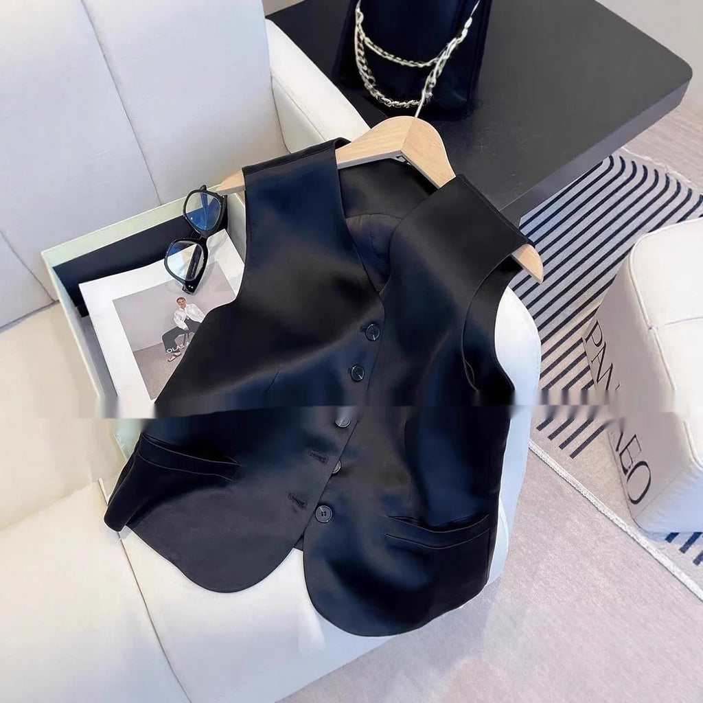 Black satin ladies' sleeveless V-neck vest with splicing detail, shown on a hanger.