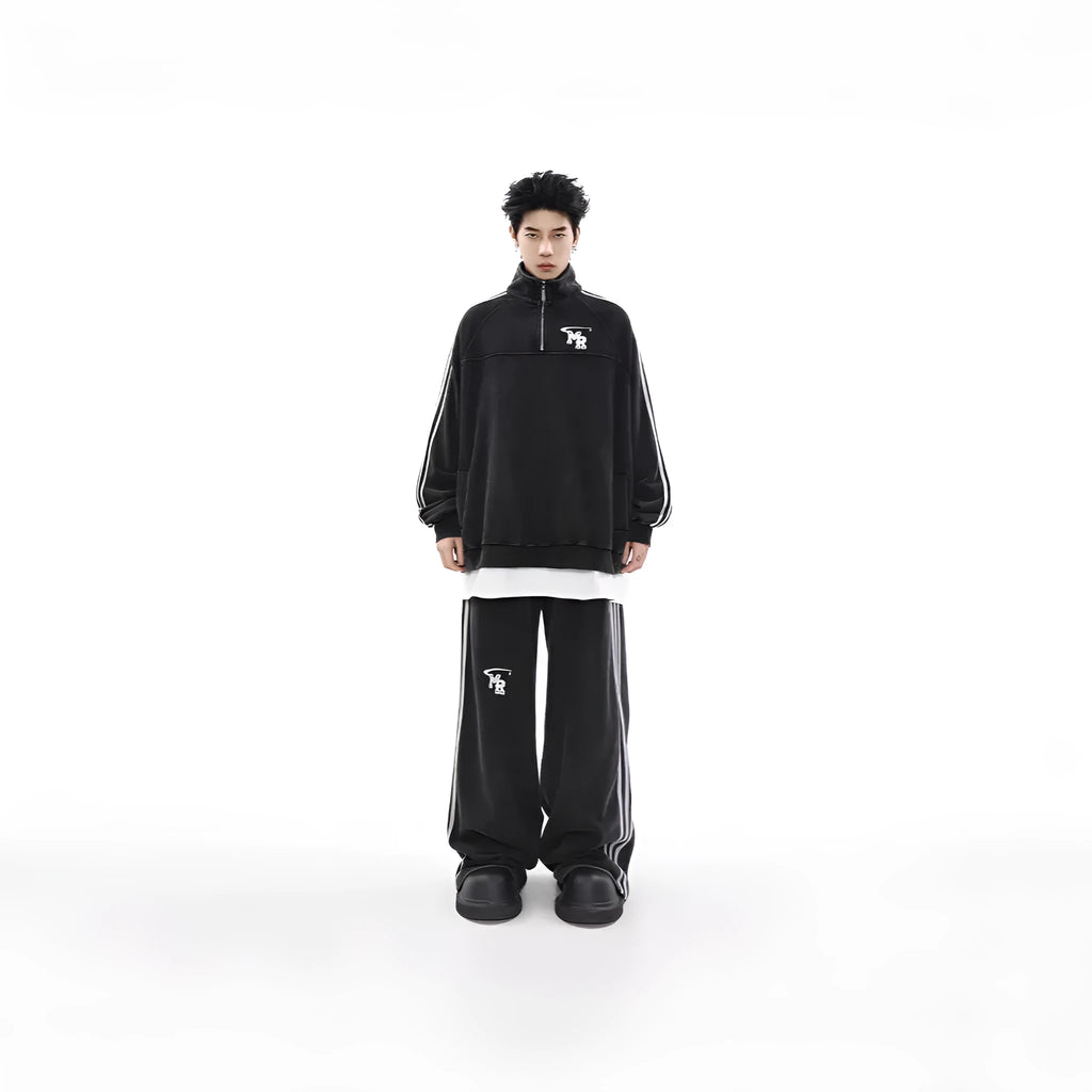 Black Hong Kong style retro casual sports hoodie with stand collar design