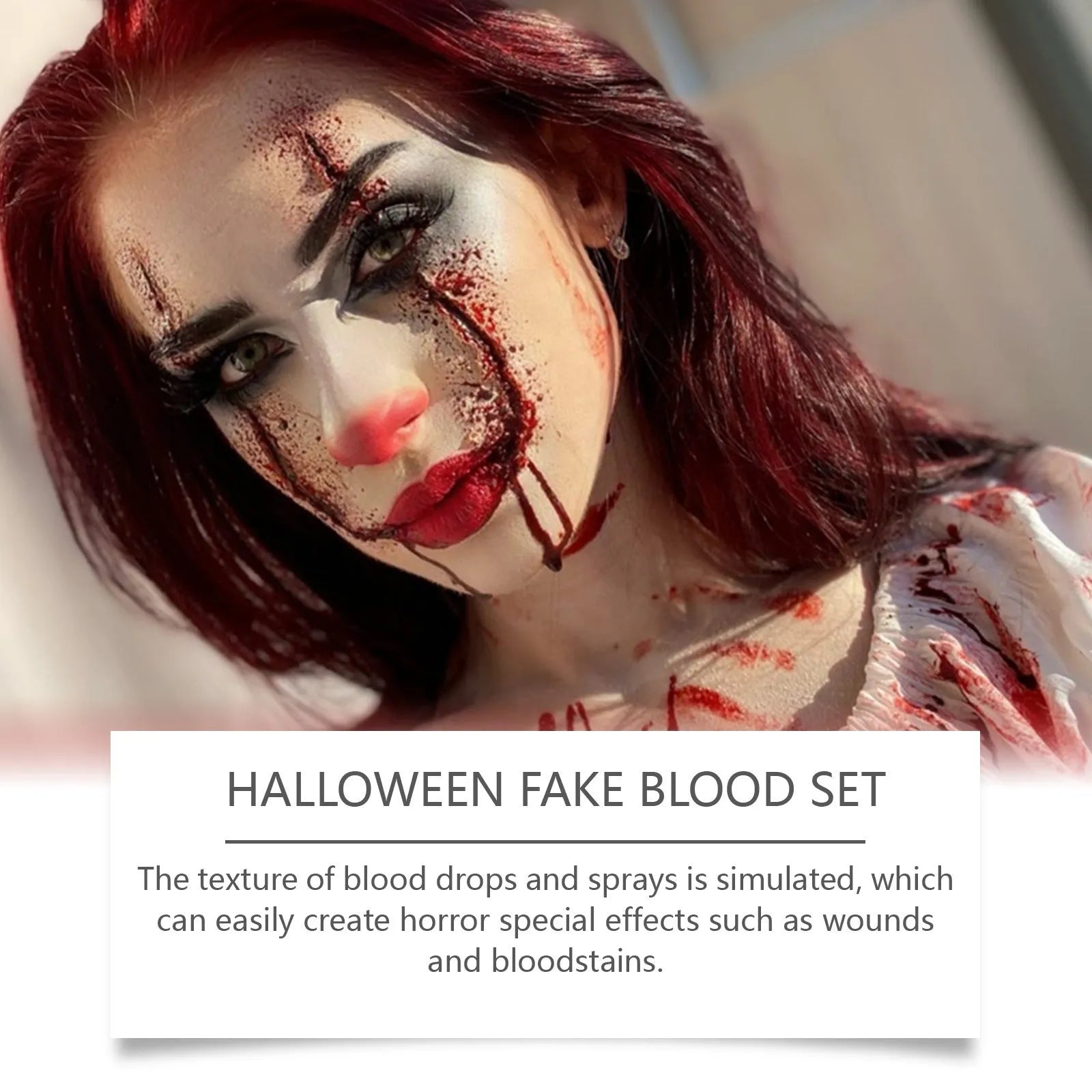 Washable fake blood 3-piece set showing plasma drops bottle, plasma spray, and surface soap for horror special effects