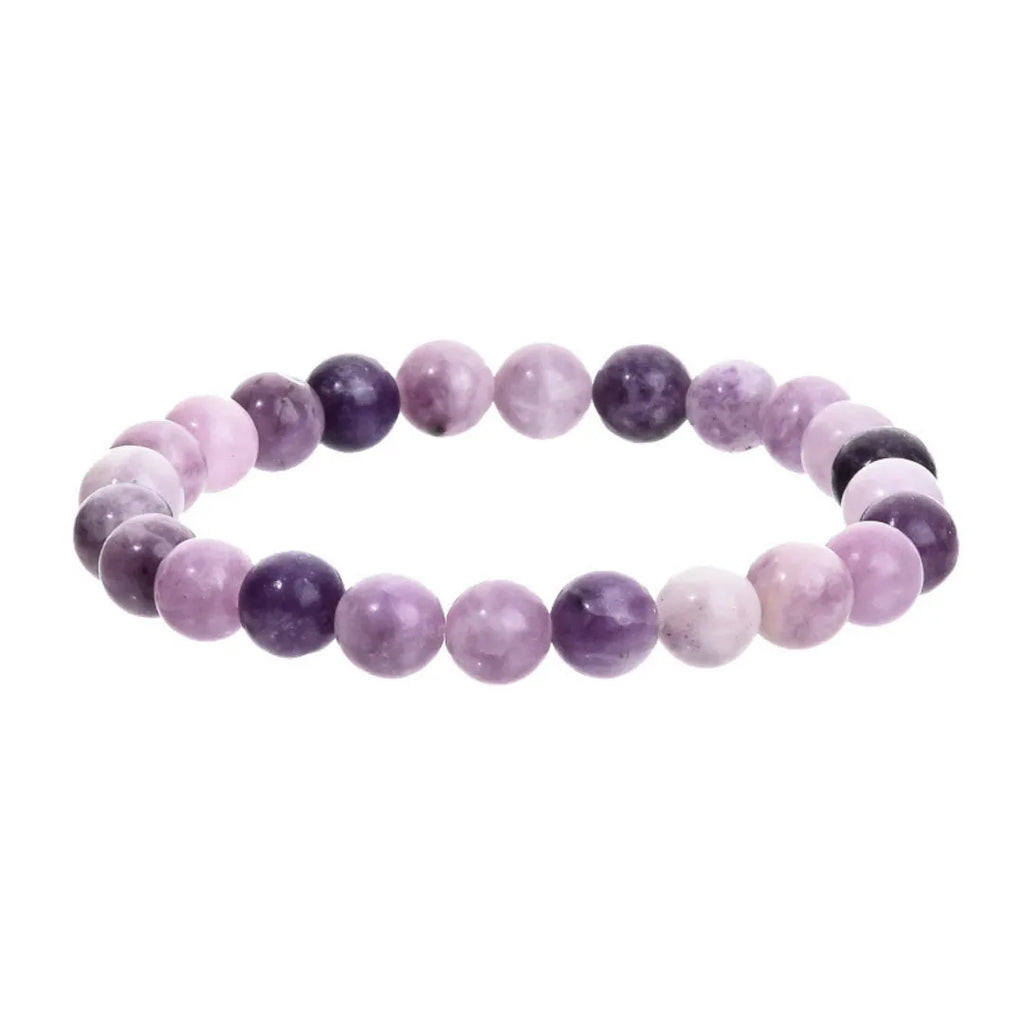 Purple natural stone elastic bead bracelet with geometric shapes in various sizes.