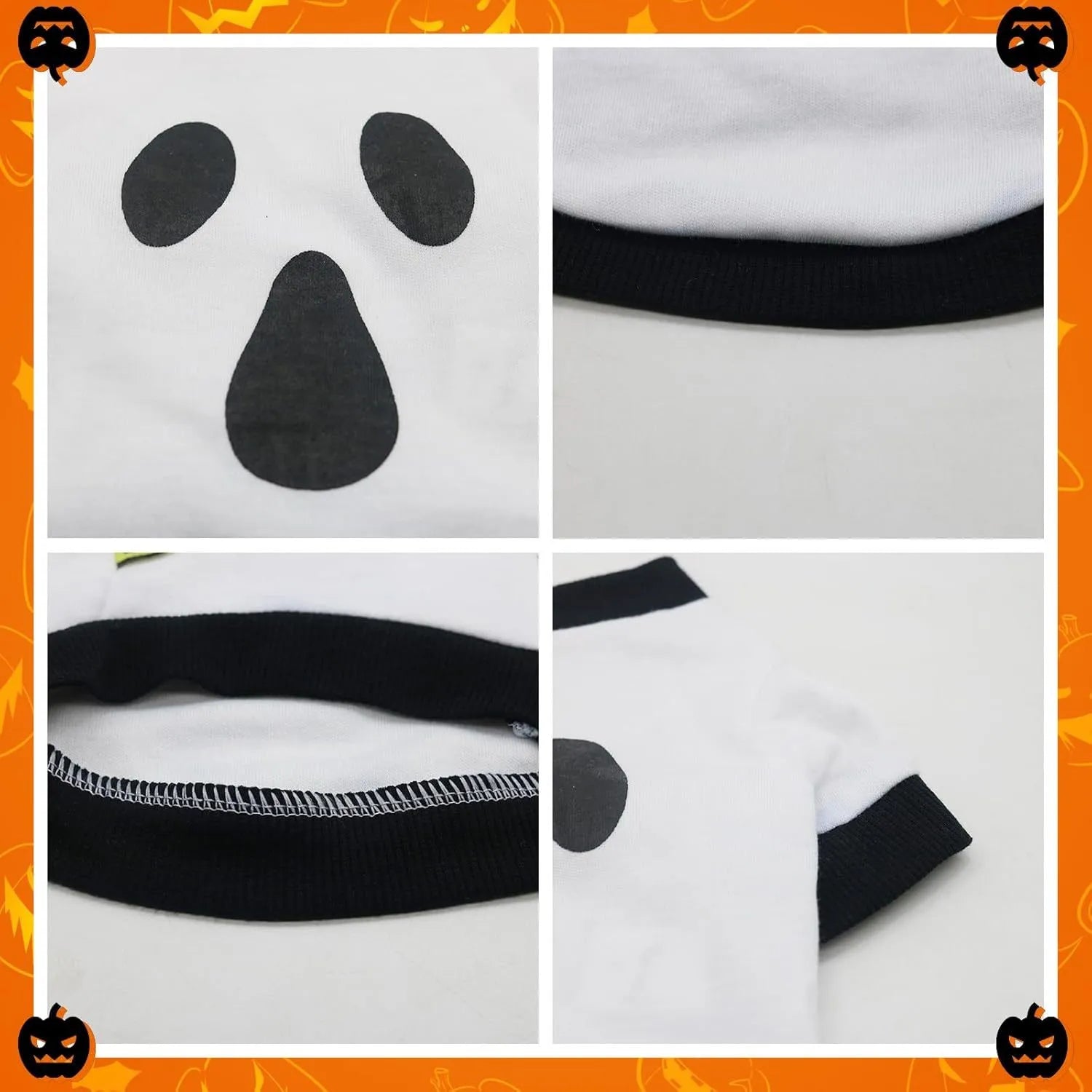 Orange dog sweatshirt with black skeleton print on a small dog, showing ribbed collar and cuffs.