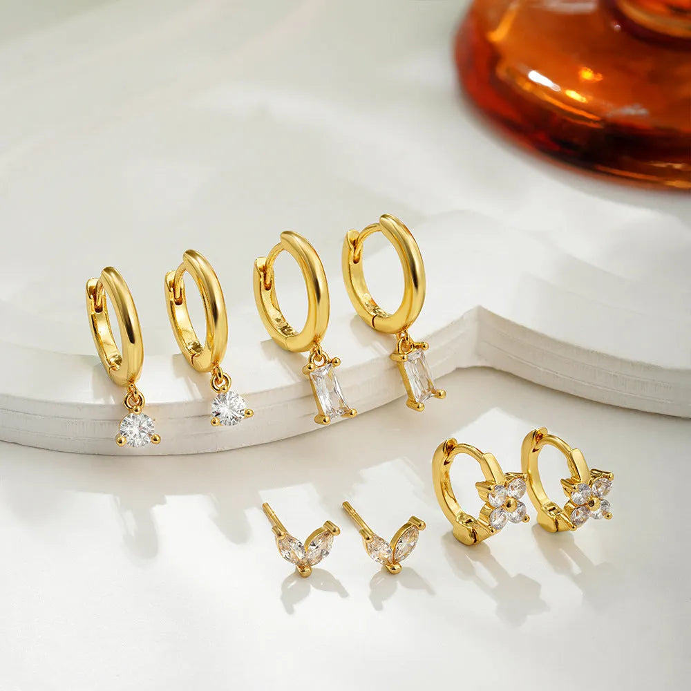 Copper geometric square earrings four-piece set with star designs in gold or silver electroplated finish