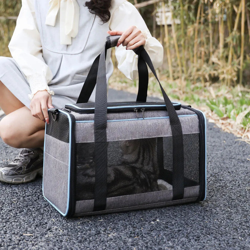Grey and blue edge Oxford fabric pet carrier bag measuring 44 by 29 by 5 centimetres