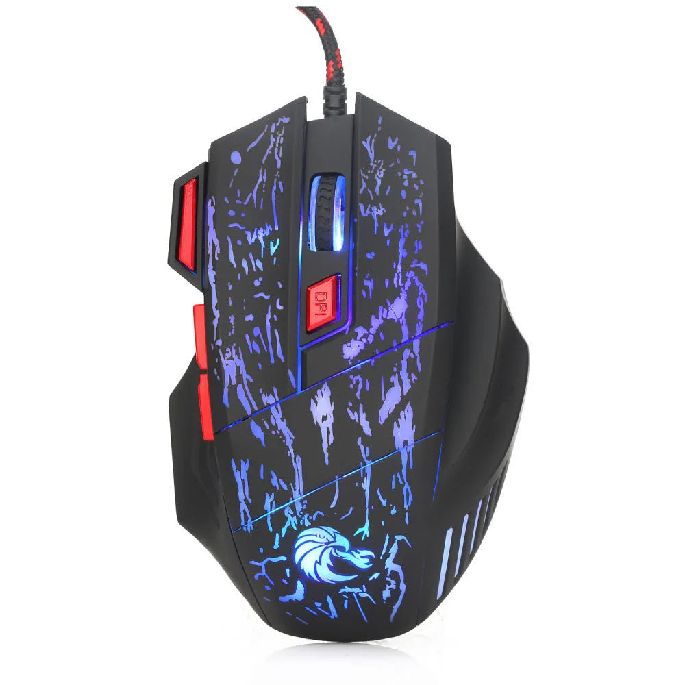 Water crack colourful luminous gaming mouse with USB cable on desktop