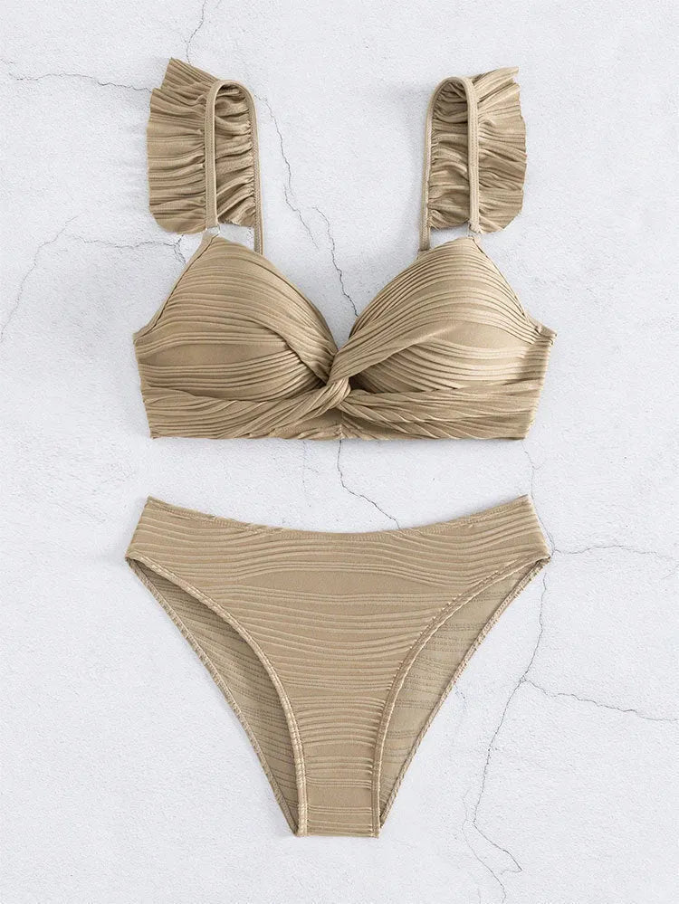 Women's solid colour polyester bikini swimsuit set in black or khaki with Asian sizing