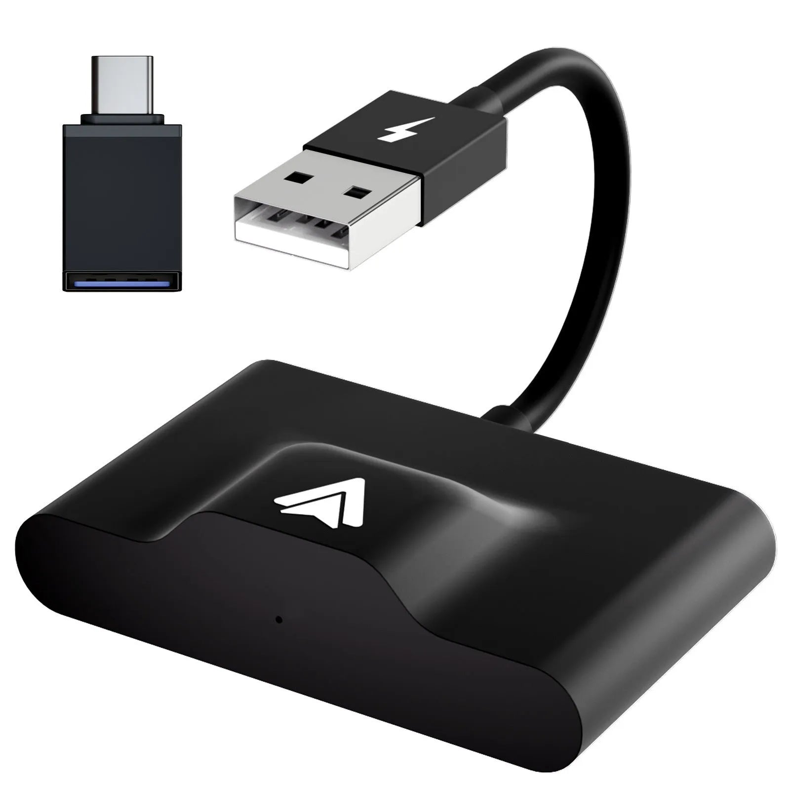 Black and white wireless Carplay adaptor for Android phones next to a car steering wheel