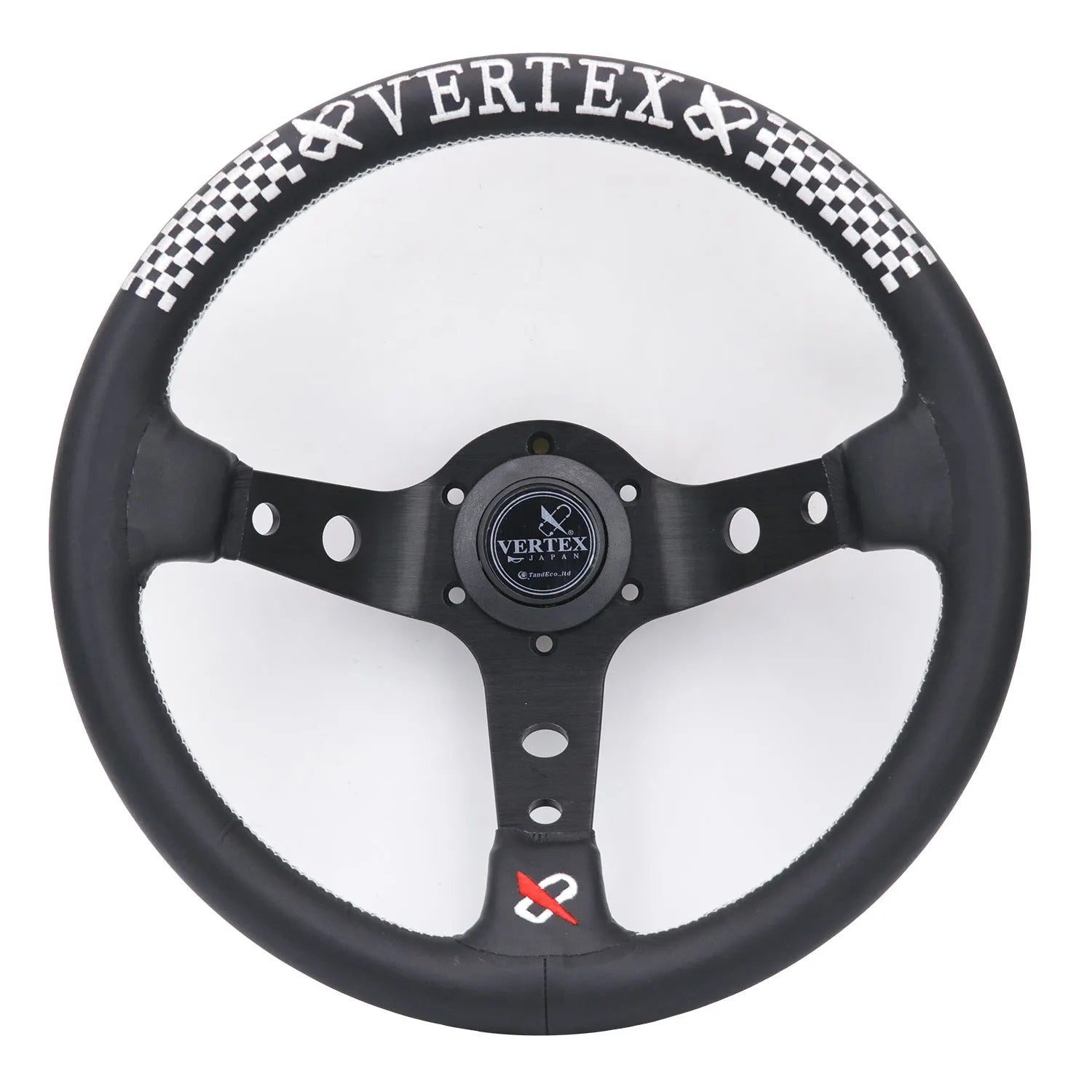 Black deep concave alloy racing steering wheel showing 330mm diameter and Vertex design options.