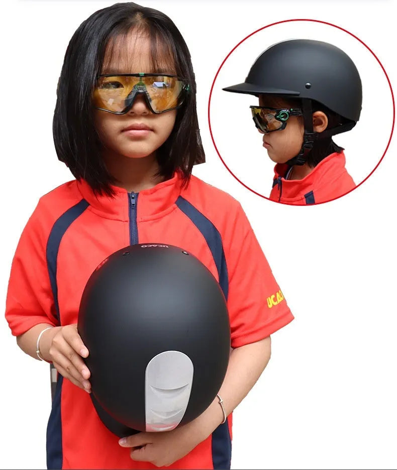Super light summer equestrian riding helmet in ABS EPS material showing colour options including bright black and silver pink