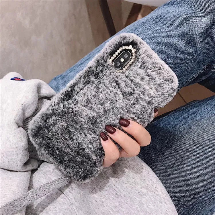Silicone iPhone case with rhinestone decoration in grey plush bottom shell colour
