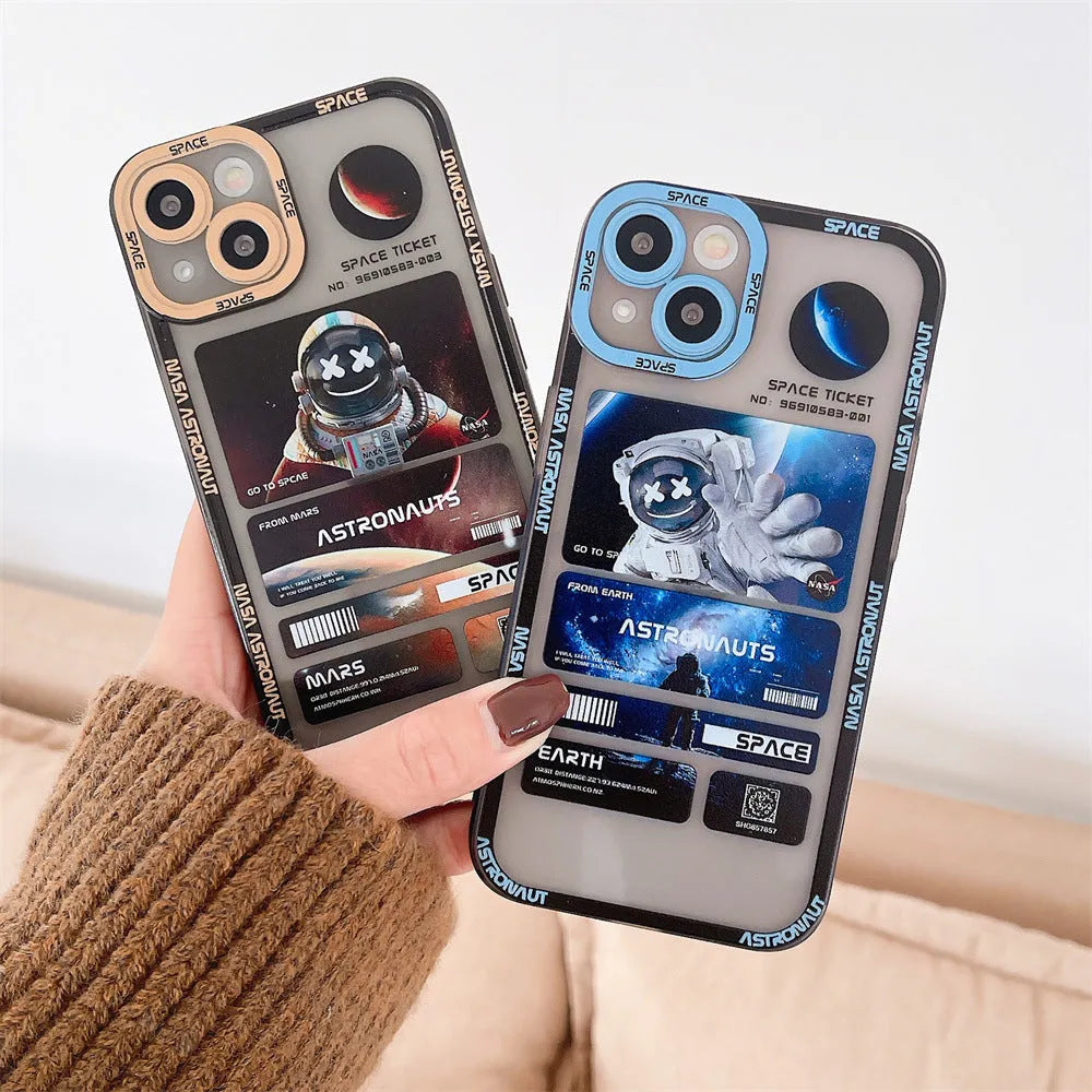 Blue-black silicone iPhone case with a graffiti-style space astronaut print, shown on an iPhone.