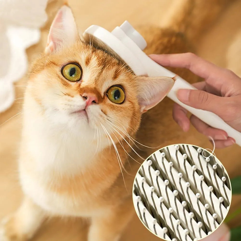 Self-cleaning pet brush with rubber handle and massage needles for cats and dogs